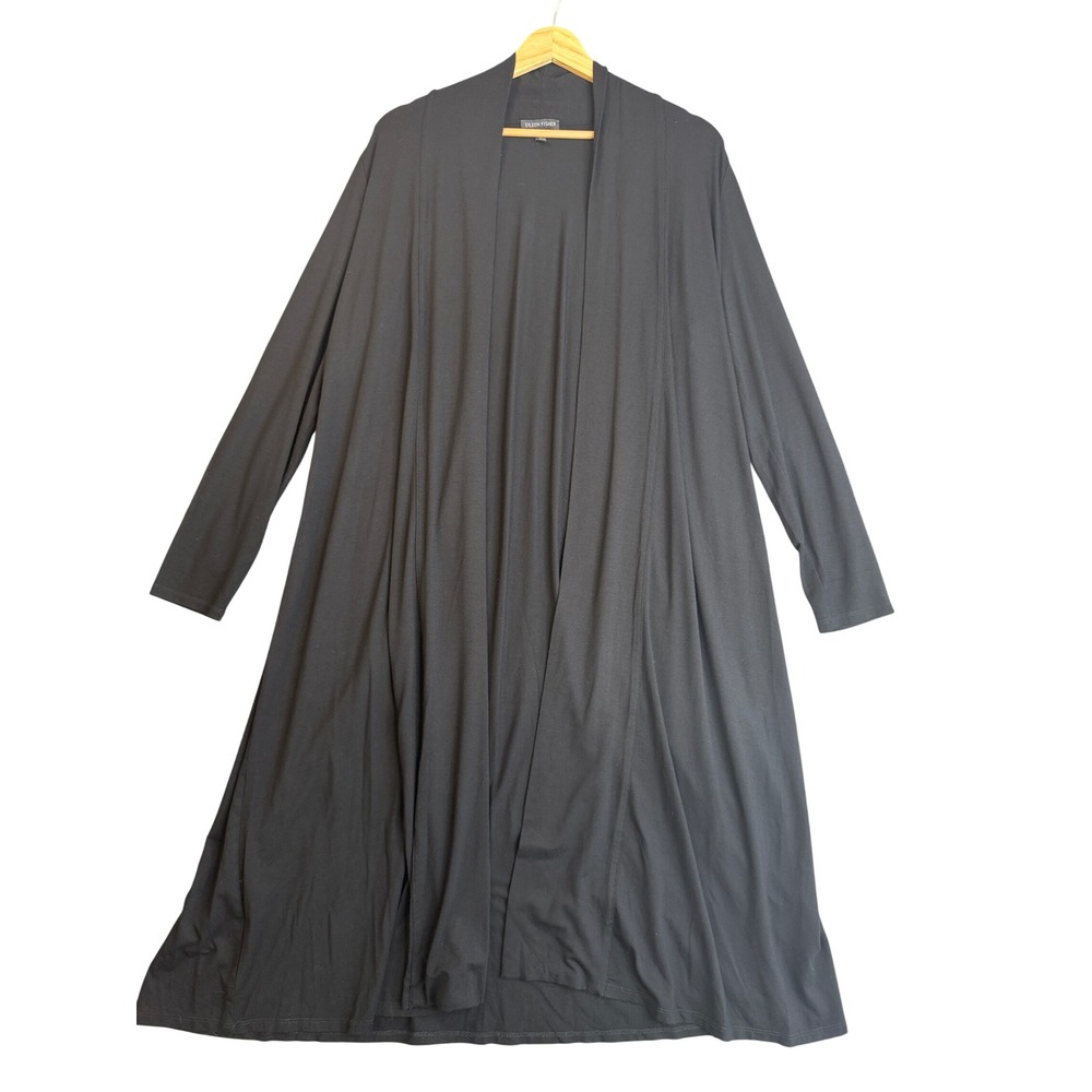 Eileen Fisher Black Viscose Jersey Open Front Duster Cardigan L Longline Viscose